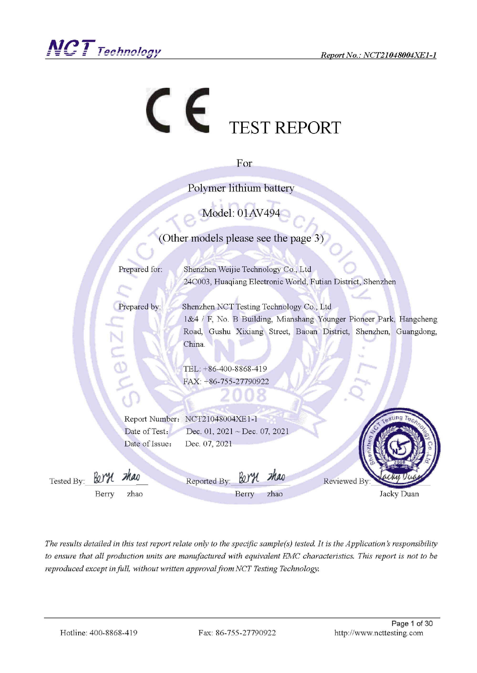 NCT21048004X jdb电子游戏平台 01AV494 CE-EMC TEST REPORT